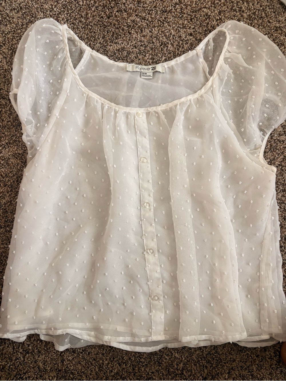 Forever 21 White Swiss Dot Sheer Blouse with Button Front